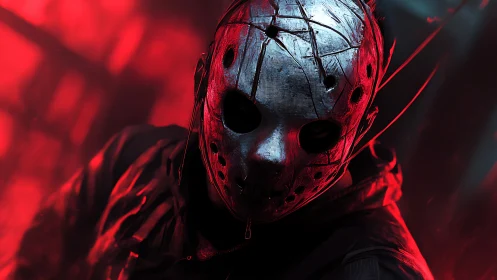 Broken metal mask in eerie red light invites bold curiosity.