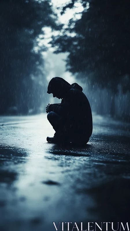 Hooded silhouette nursing rain-soaked thoughts at dusk.