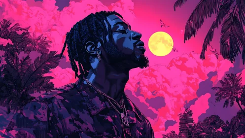 Neon moonlit dreamer bathed in tropical magenta skies.