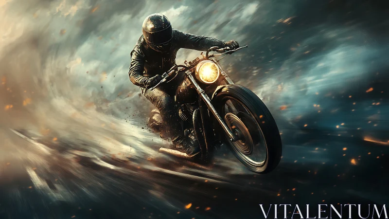 Motorcyclist races through a storm of sparks and motion blur