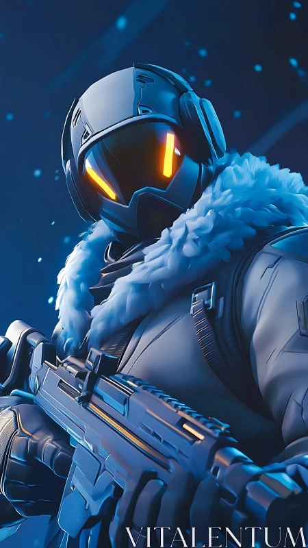 Futuristic arctic soldier with neon visor and rifle.