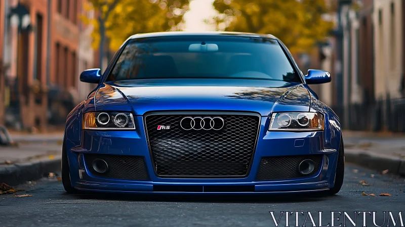 Blue performance sedan front profile on urban autumn street.