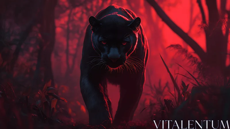 Black Panther in Red Atmospheric Forest Setting