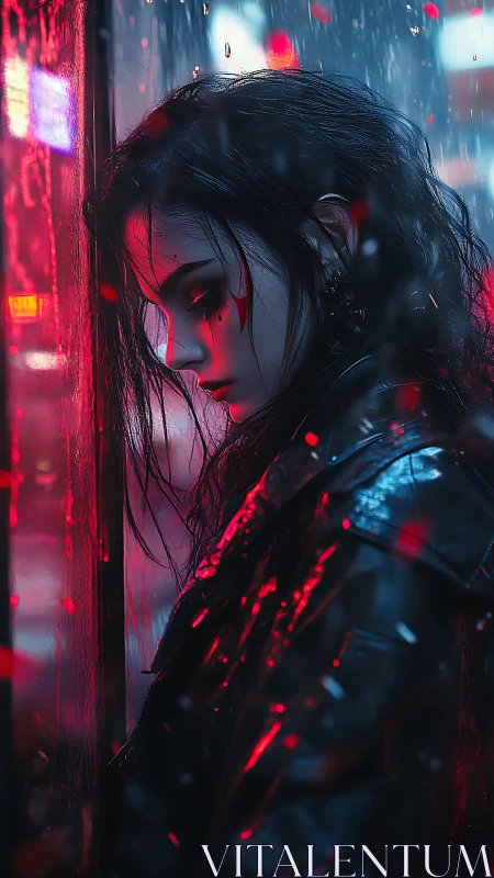 Neon rain wraps a pensive soul in quiet city sadness
