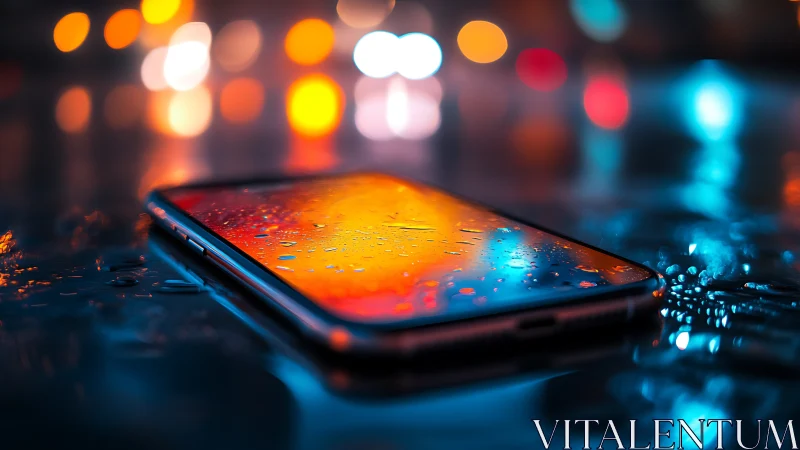 Smartphone on wet surface under neon bokeh reflections.