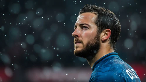 Side-lit footballer under rainfall with shallow depth of field.