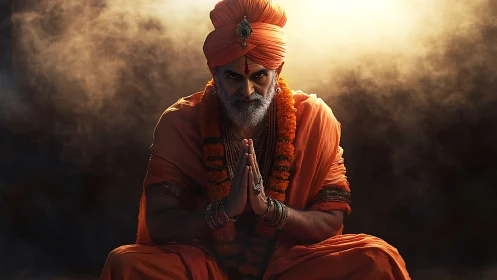 Elderly man in orange garments seated in folded hands pose.