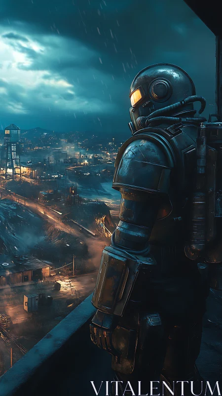 Armored figure observing rain soaked industrial cityscape.