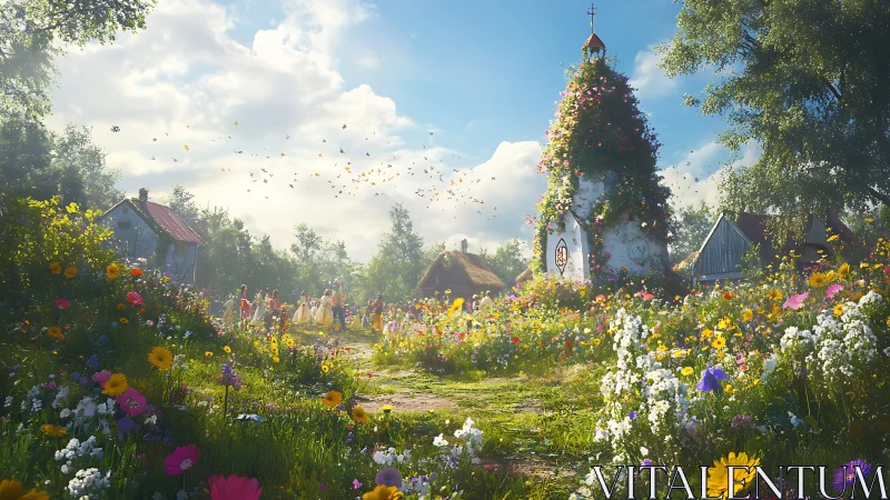 Flower-covered rural chapel and villagers in bright daylight.