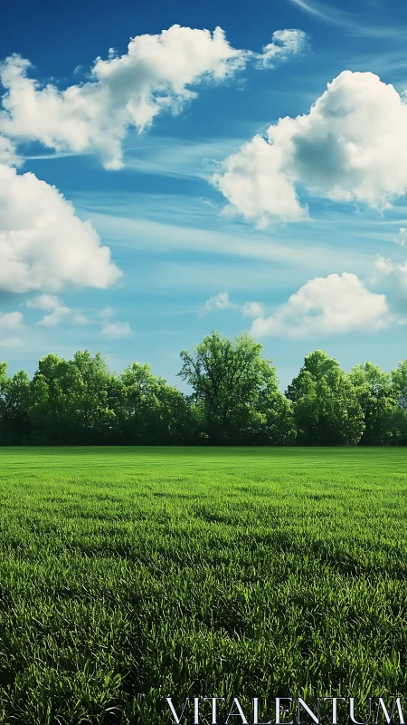 Green meadow under blue sky with distant tree line.