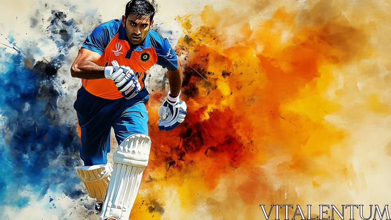 Cricketer in batting gear moves forward against abstract colors