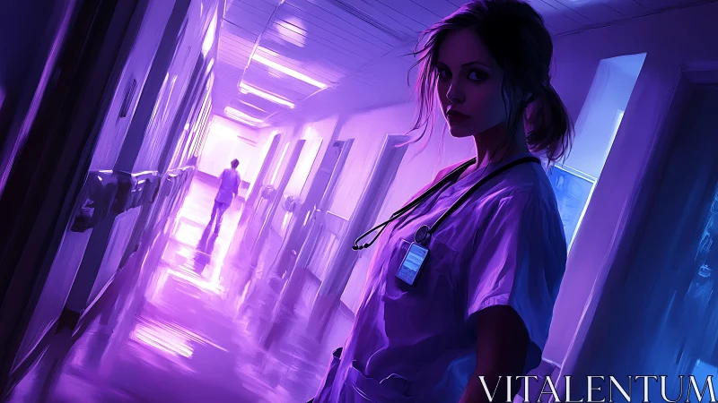 Nurse stands in neon lit hospital corridor at night
