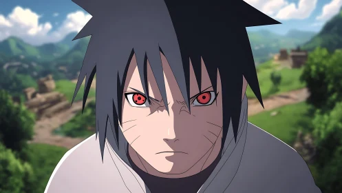 Intense anime combat gaze with red ocular focus in landscape.