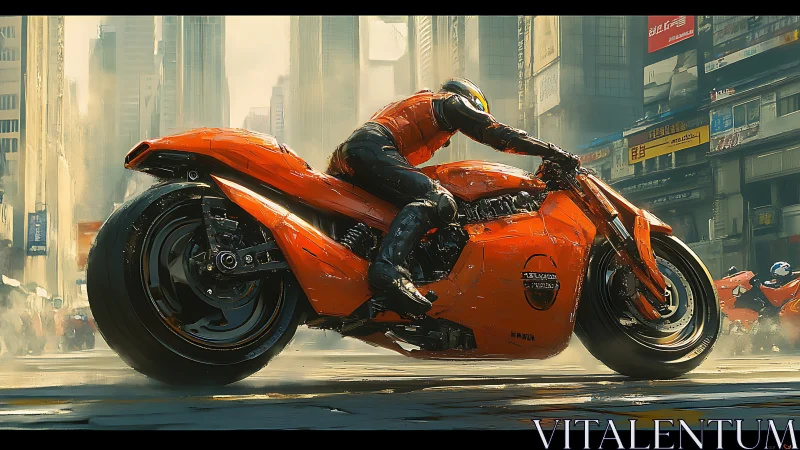 Rider on orange futuristic motorcycle in dense urban street.