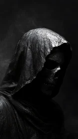 Midnight reaper leans from shadow, carved in dripping black