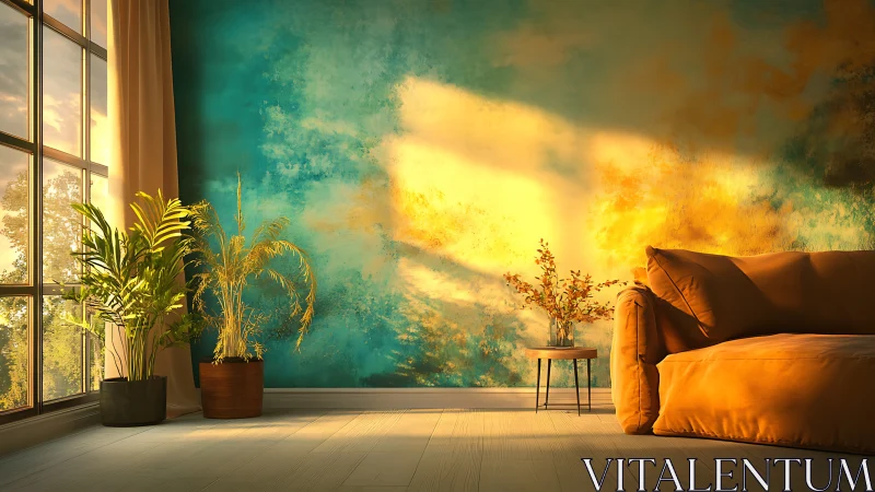 Sunlit teal wall frames warm sofa and indoor greenery