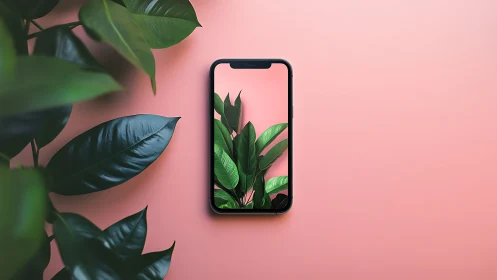 Smartphone with tropical foliage reflection on pastel backdrop