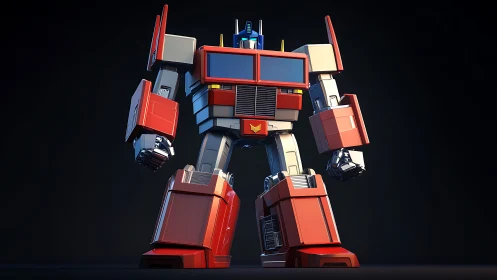 Stalwart red robot hero poised in sleek studio light.