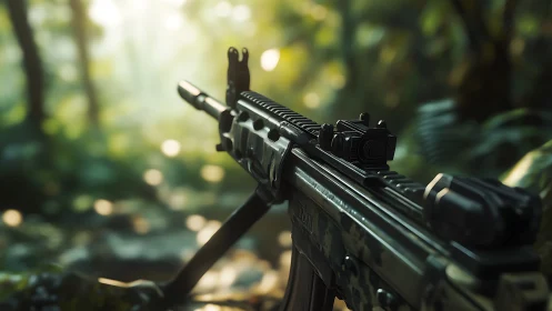 Modern tactical rifle with red dot sight in soft jungle bokeh