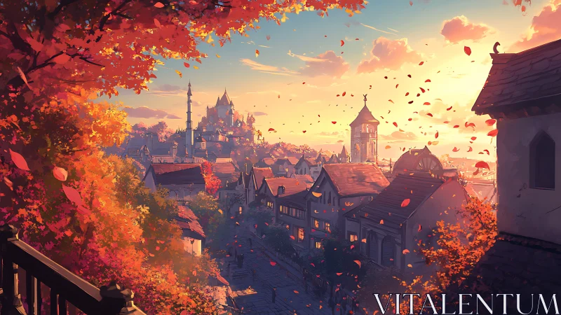 Autumn medieval town glows under sweeping golden sunset.