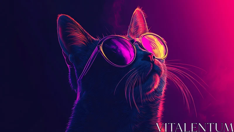 Neon cat portrait with mirrored sunglasses in vaporwave glow.