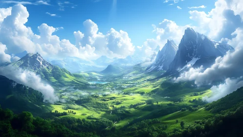 Digital panoramic valley view shows stylized alpine mountains