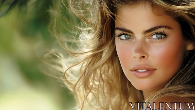 Sunlit portrait captures intense gaze and windblown hair