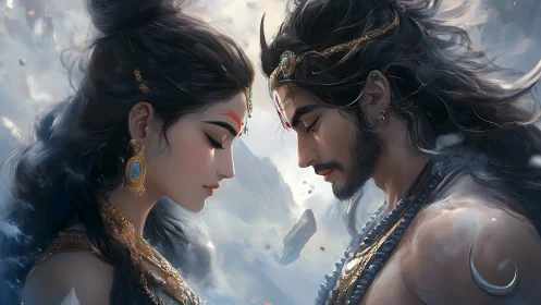 Two stylized figures face each other in a misted environment