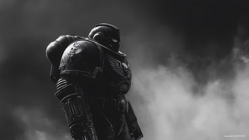 Armored sci fi soldier stands against stormy monochrome sky
