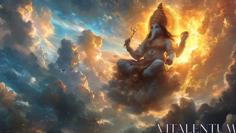 Divine elephant-headed deity seated amid glowing clouds.