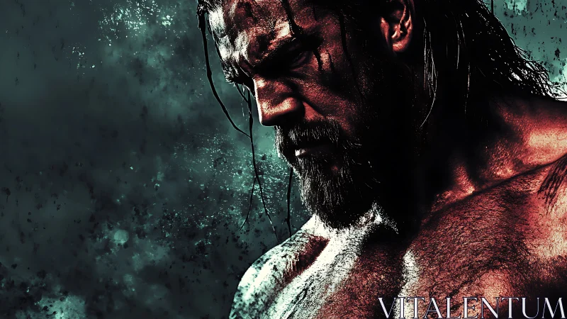 Battle-scarred titan brooding in teal stormlight silence.