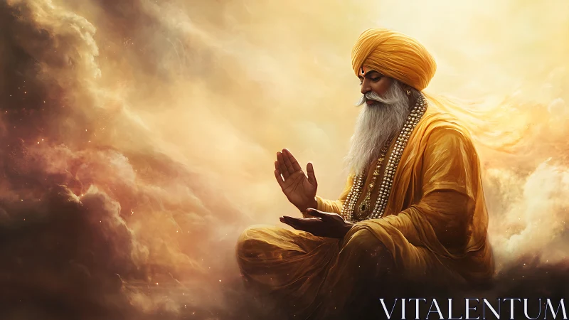 Golden-robed sage sits in peaceful meditation among soft clouds