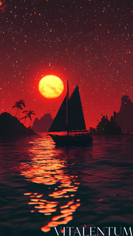 Sail silhouette under spectral red lunar ocean radiance.