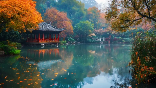 Serene lakeside pavilion in lush autumn garden setting.