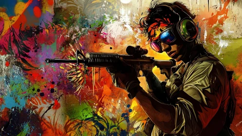 Color-splashed sniper aims forward in explosive street art