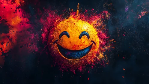 Exploding smiley face with neon pigment blast on dark field
