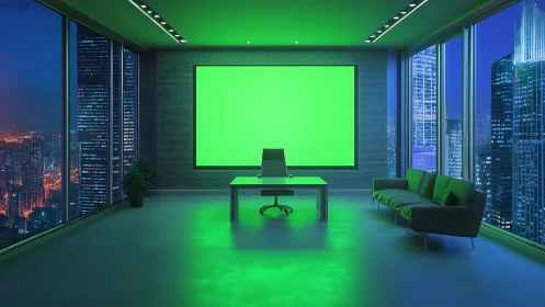 Modern office interior rendered with neon green lighting and city skyline views.