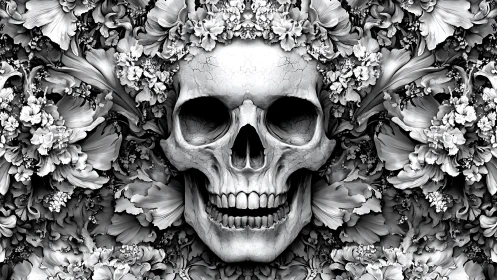 Skull emerging from ornate monochrome floral tapestry.