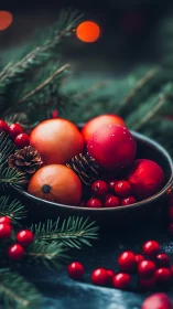 Christmas bowl with red berries, pinecones and baubles.