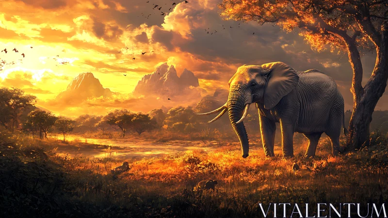 Sunlit savanna elephant rendered with high dynamic range lighting