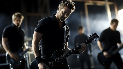 Rock guitarist in dramatic backlit stage performance scene