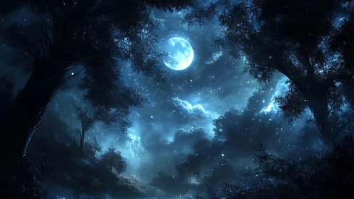 Moonlit forest sky framed by dark trees at night.