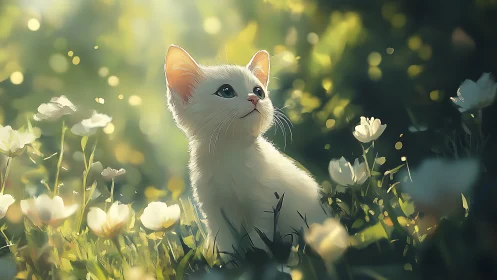 White Cat's Peaceful Garden Moment.