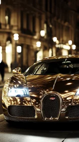 Gold supercar with reflective bodywork under urban night lighting
