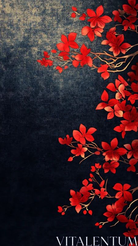 Red flowers on dark textile background composition.
