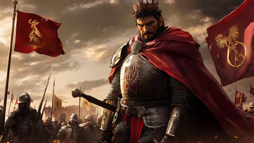 Battle-worn king in crimson cloak commanding armored host.
