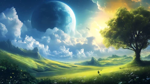 Twin skies cradle a luminous valley between day and moon