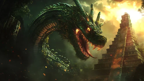 Giant green dragon guarding ancient jungle step pyramid.
