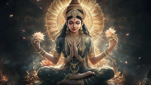 Digital painting of radiant meditative goddess with lotus halo.