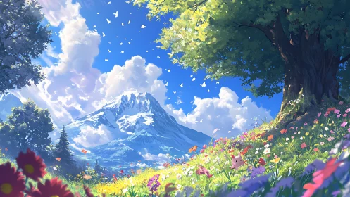 Mountain meadow landscape with tree and small creature.